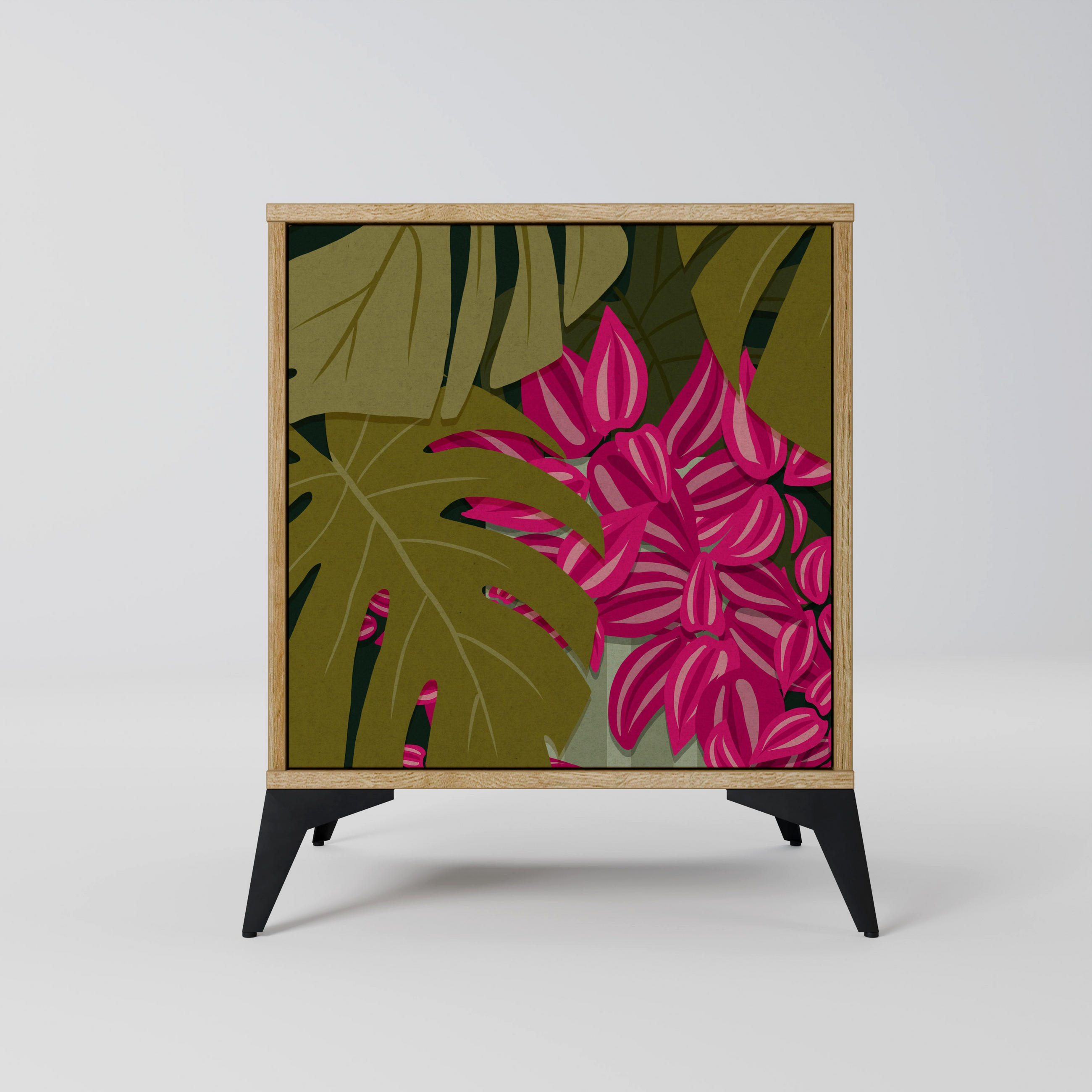 SIDEBOARD TROPICAL BEAUTY, Eichefarben, 57,5x42x70,5 cm, Schwarze Metall-Sternfüße - Eichefarben/Multicolor, Holzwerkstoff/Metall (57.5/70.5/42cm) - SpaceRebels