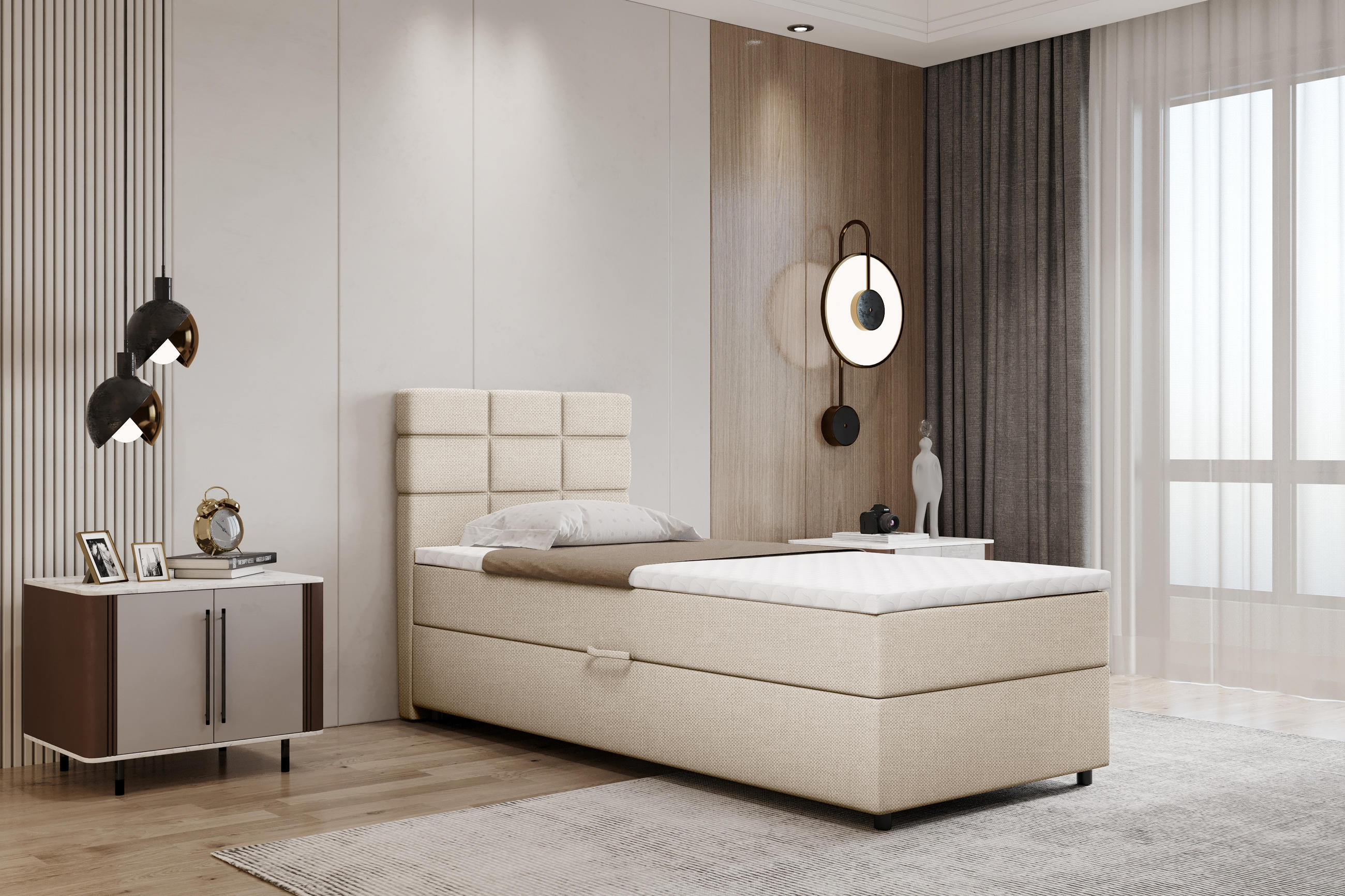 BOXBETT Reve 90 x 200 cm mit Bettkasten und Lattenrost ohne matratze - beige - Beige, Holz (90/200cm) - Panda Möbel