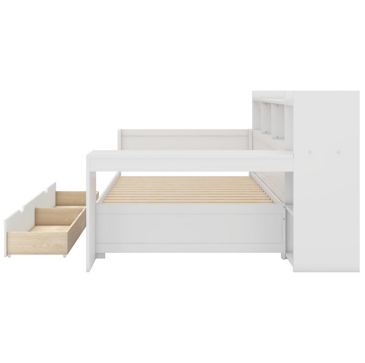 BETT 90/200 cm Weiß aus Spanplatte und MDF mit Schreibtisch, USB-Anschluss und 2 Schubladen - Weiß, Holzwerkstoff (90/200cm) - OKMYHOME