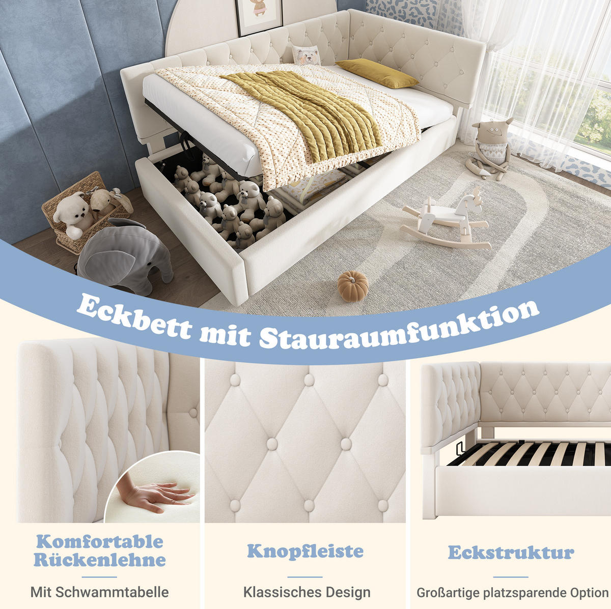 BETT mit hydraulischem Stauraum 90x190 cm Samt Beige - Beige, Metall (90/190cm) - Beauniv