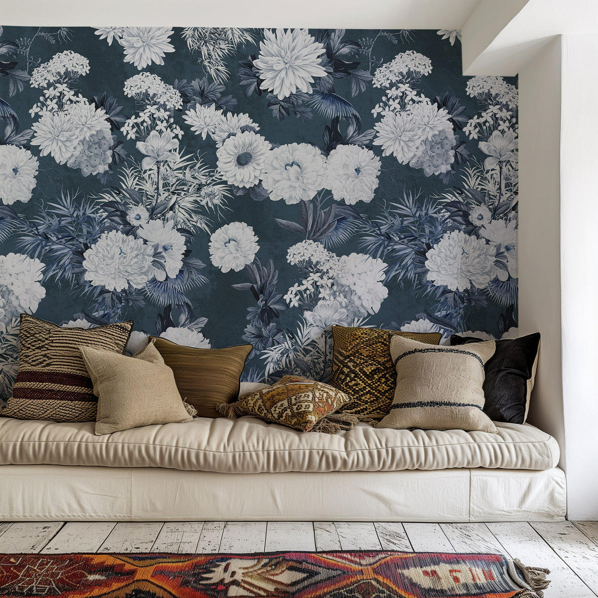 TAPETE Mit Blumen in Marineblau aus echtem Papier, 180x260cm, 2 Rollen - Blau, Papier (180/260cm) - WALLPAPERS4BEGINNERS