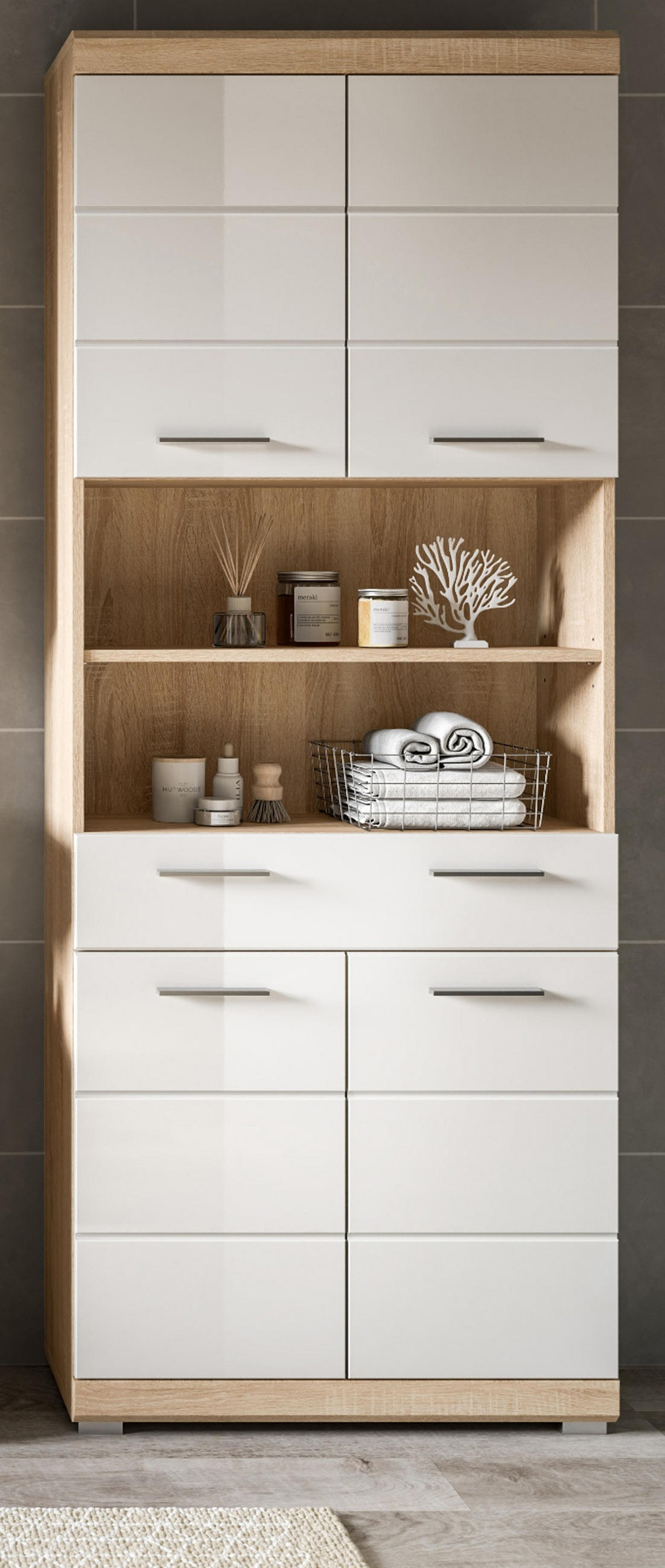 HOCHSCHRANK weiß Hochglanz, Eiche 74 x 191 cm, Badschrank mit viel Stauraum - Weiß Hochglanz/Eichefarben, Holzwerkstoff/Kunststoff (74/191/31cm) - Inn.Furn