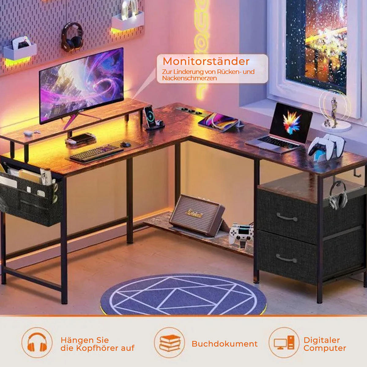 GAMINGTISCH L-förmig,120 x 120 x 75 cm,Eckschreibtisch mit Ablagefach,mit Monitorständer,2 USB mit 3 Buchsen,Braun - Braun, Metall (120/48/75cm)