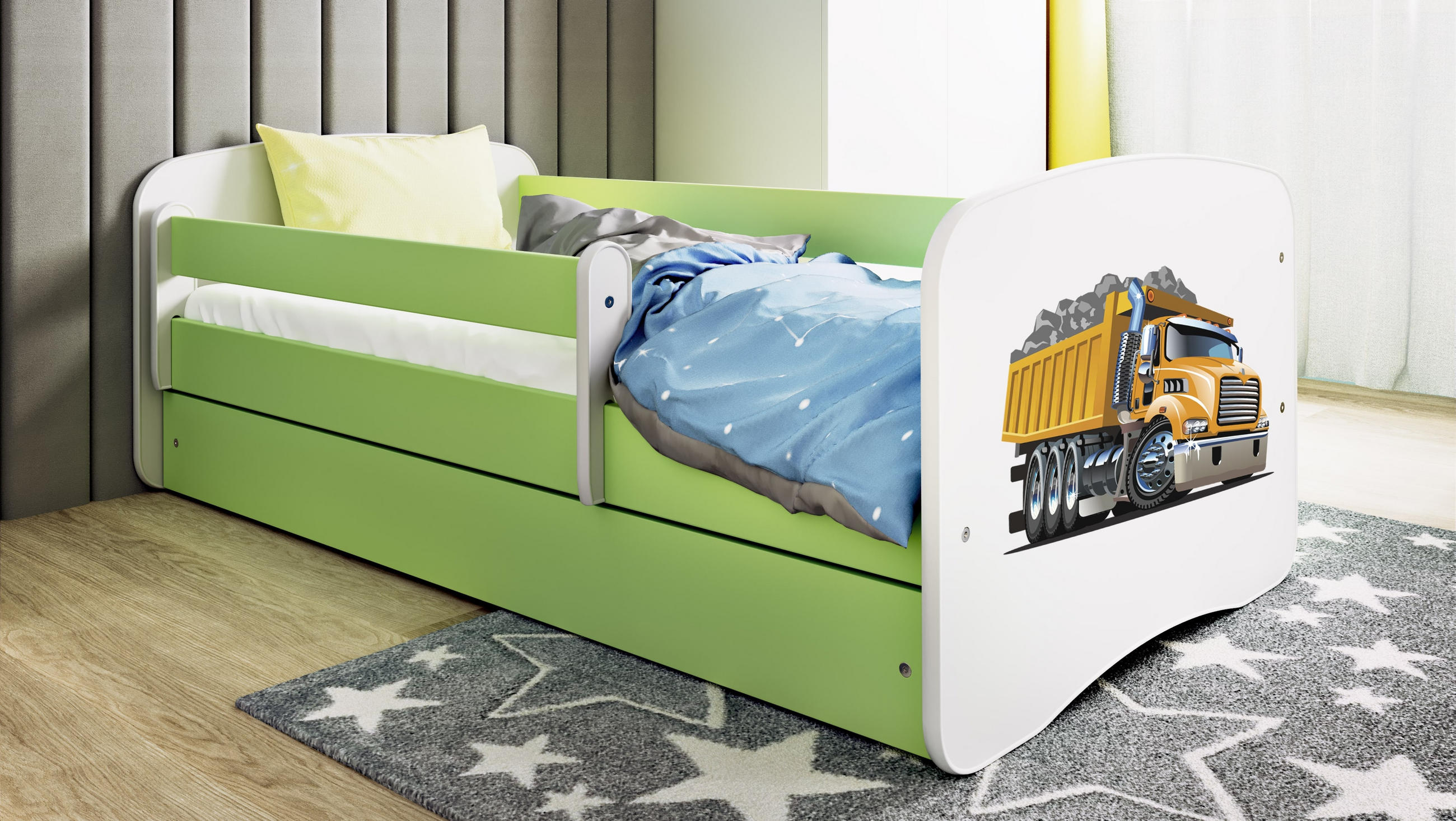 KINDERBETT Lastwagen 70x140 cm mit Schublade, Rausfallschutz & Lattenrost, Grün - Grün, Holzwerkstoff (70/140cm) - RAUMHIRSCH FURNITURE