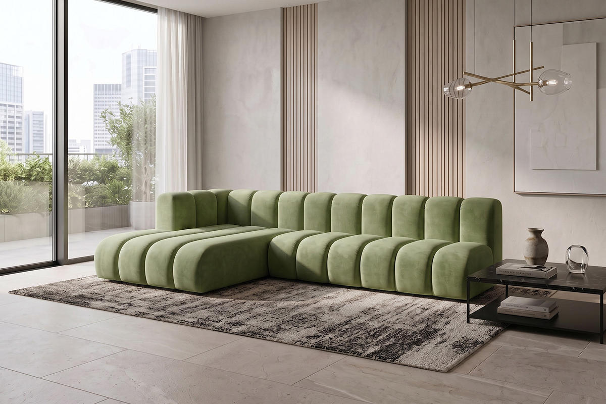 ECKSOFA Modulares In L-Form, Velvet-Stoff Riviera, Olive, Links, GRAND 295 cm - Olivgrün, Holz (295/179cm) - Kaiser Möbel