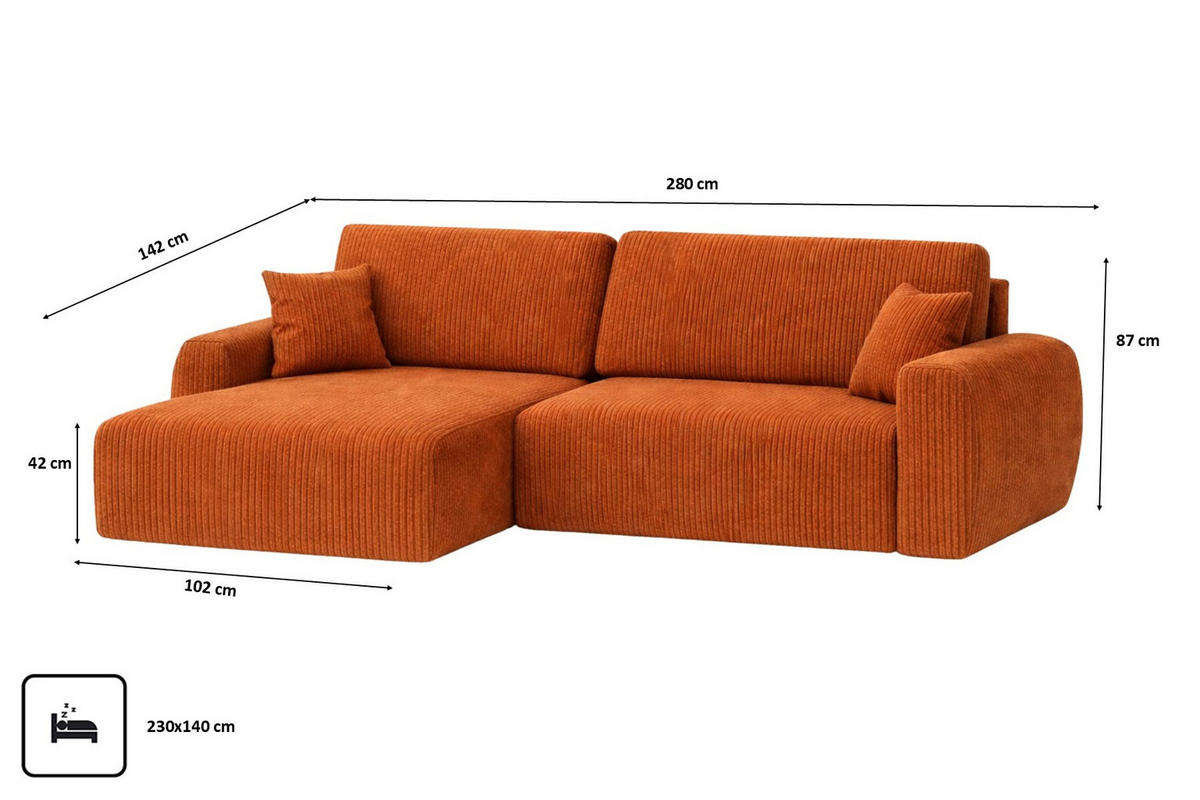 ECKSOFA Mit Schlaffunktion, Ariel XL, Cordstoff, Stoff Poso, Kupfer, Links - Orange, Holz (280/142cm) - Kaiser Möbel