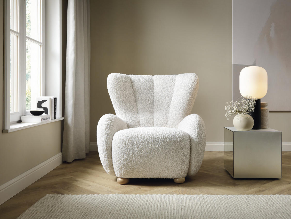 OHRENSESSEL Teddy Weiß, Buchenholz Bein, Sessel aus Boucle-Stoff - Buchefarben/Weiß, Holzwerkstoff/Textil (88/91/100cm) - Bettso