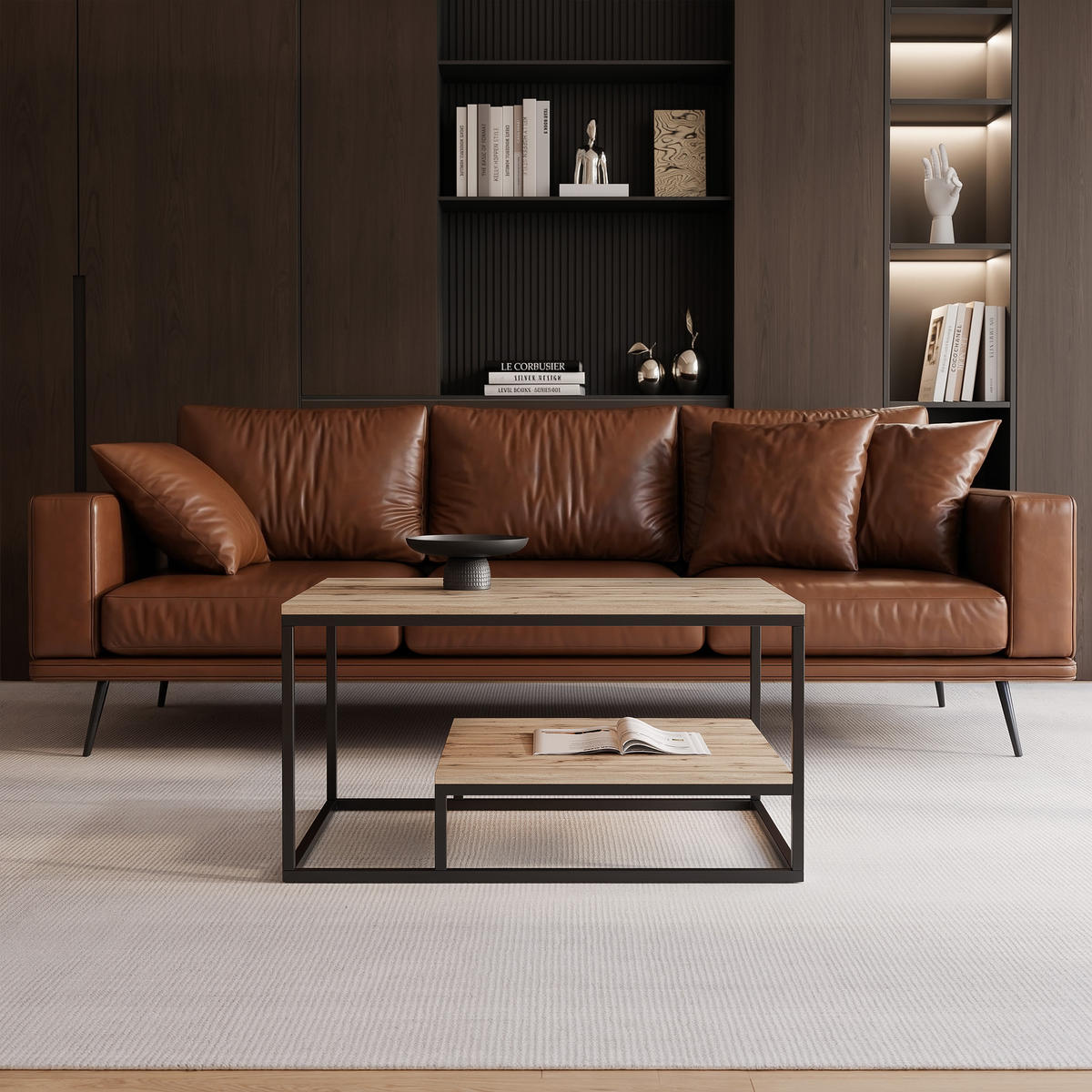COUCHTISCH LETO 90/68/48 cm, rechteckig, Schwarz / Wotan-Eiche - Eiche Wotan/Schwarz, Holzwerkstoff/Metall (68/90/48cm) - Idohome