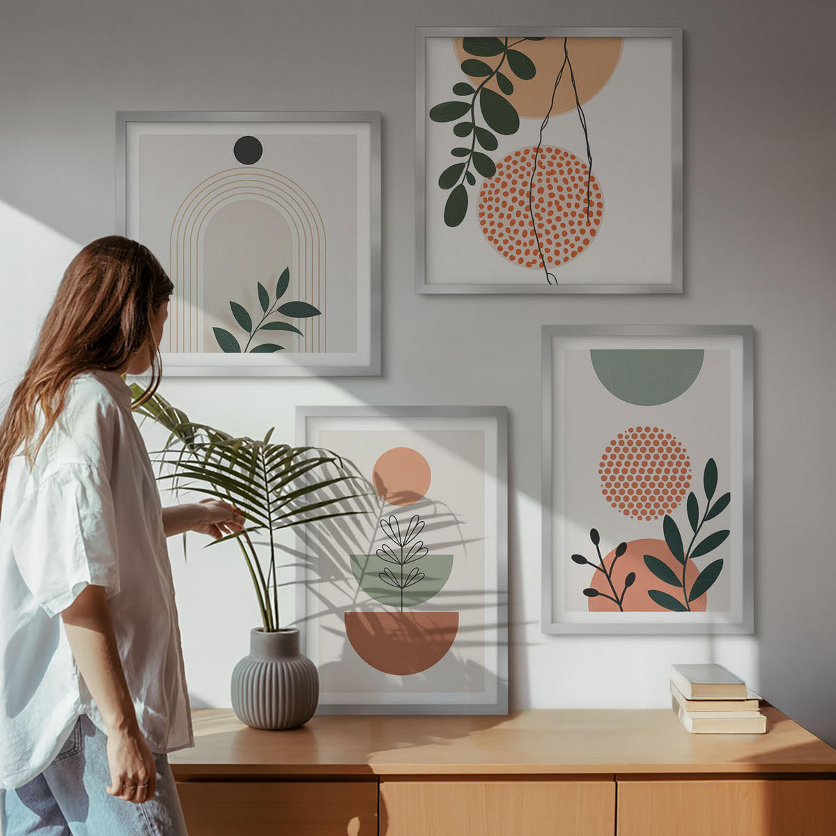 BILDER SET 4er Set - 50x50 cm & 40x60 cm Silberner Rahmen - Moderne Pflanzenmotive - Silberfarben, Kunststoff (50/50cm) - TULUP