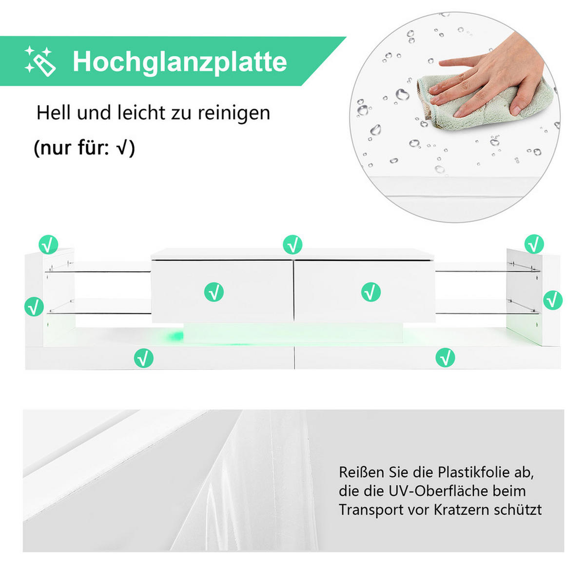 TV-SCHRANK 181cm LED Weiß Glas 70-79 Zoll 2 Schubladen - Weiß, Holz (45.72/15.88/101.6cm) - FLIEKS