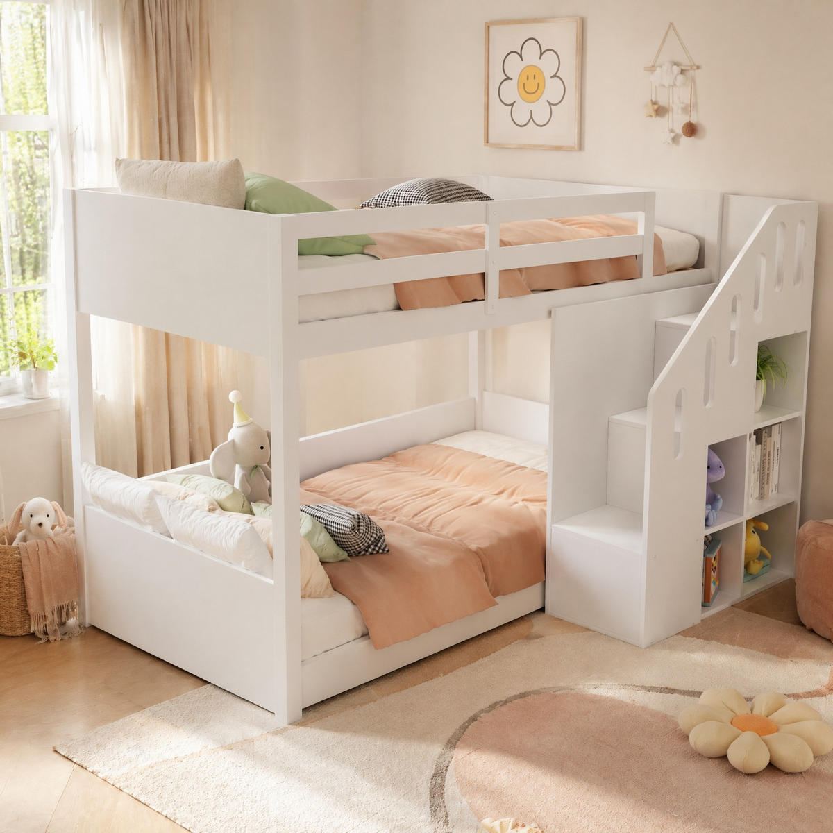 ETAGENBETT 90/200 mit Stauraumtreppe, Schließfächern und Geländer in Weiß - Weiß, Holz (90/200cm) - EVRYAE