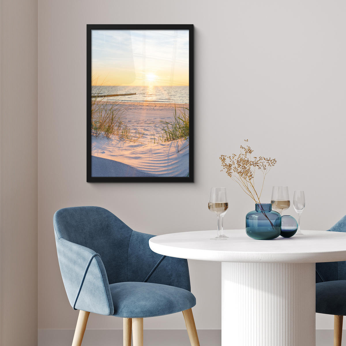 GERAHMTES BILD Strand - Sonne - Düne - Gras - Sand - Horizont 40x60 cm - Hellblau, Papier (40/60cm) - MuchoWow
