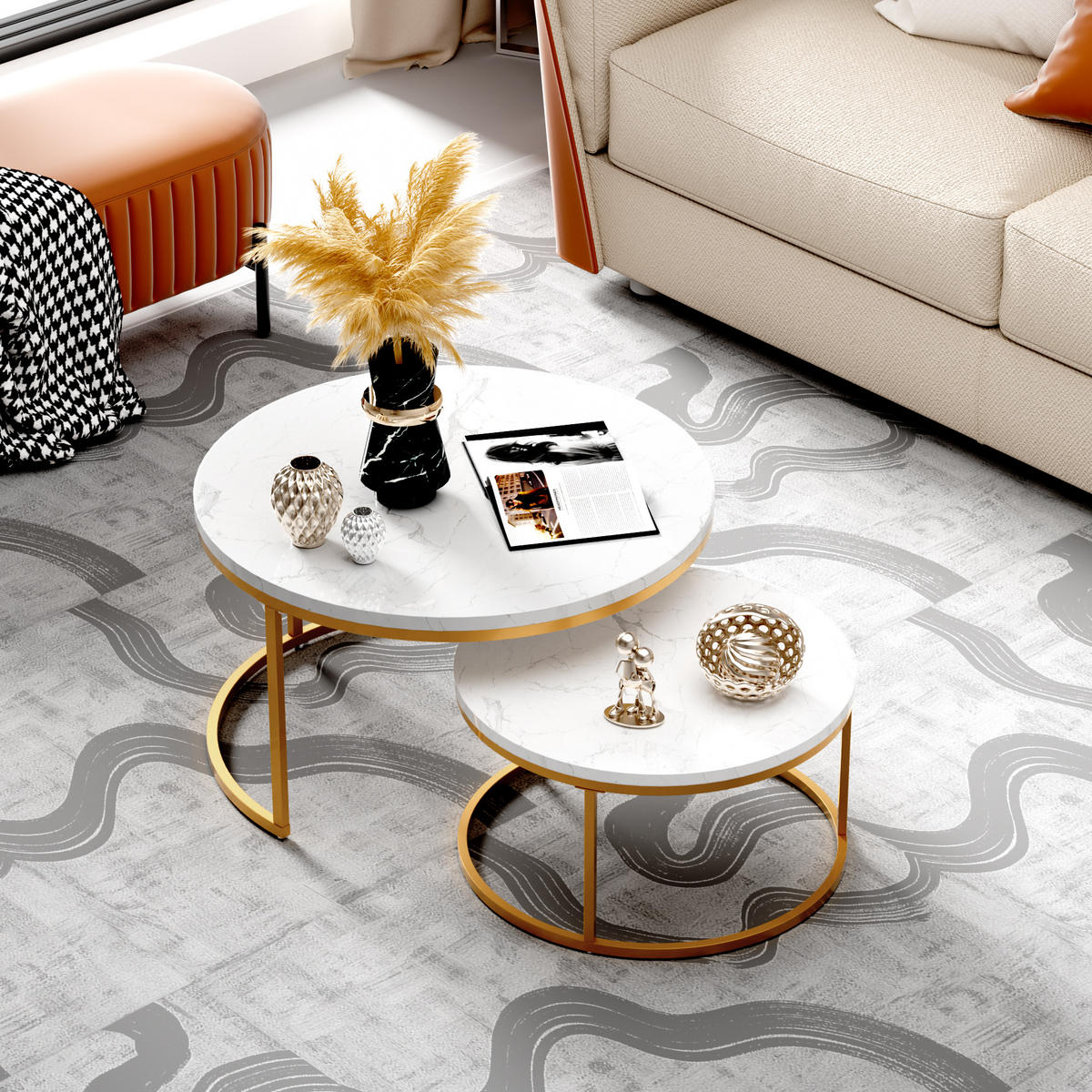 COUCHTISCH 2-teilig mit stabilem Eisenrahmen & leicht zu reinigende MDF-Tischplatte - Weiß, Holzwerkstoff (80/80/45cm) - OKWISH