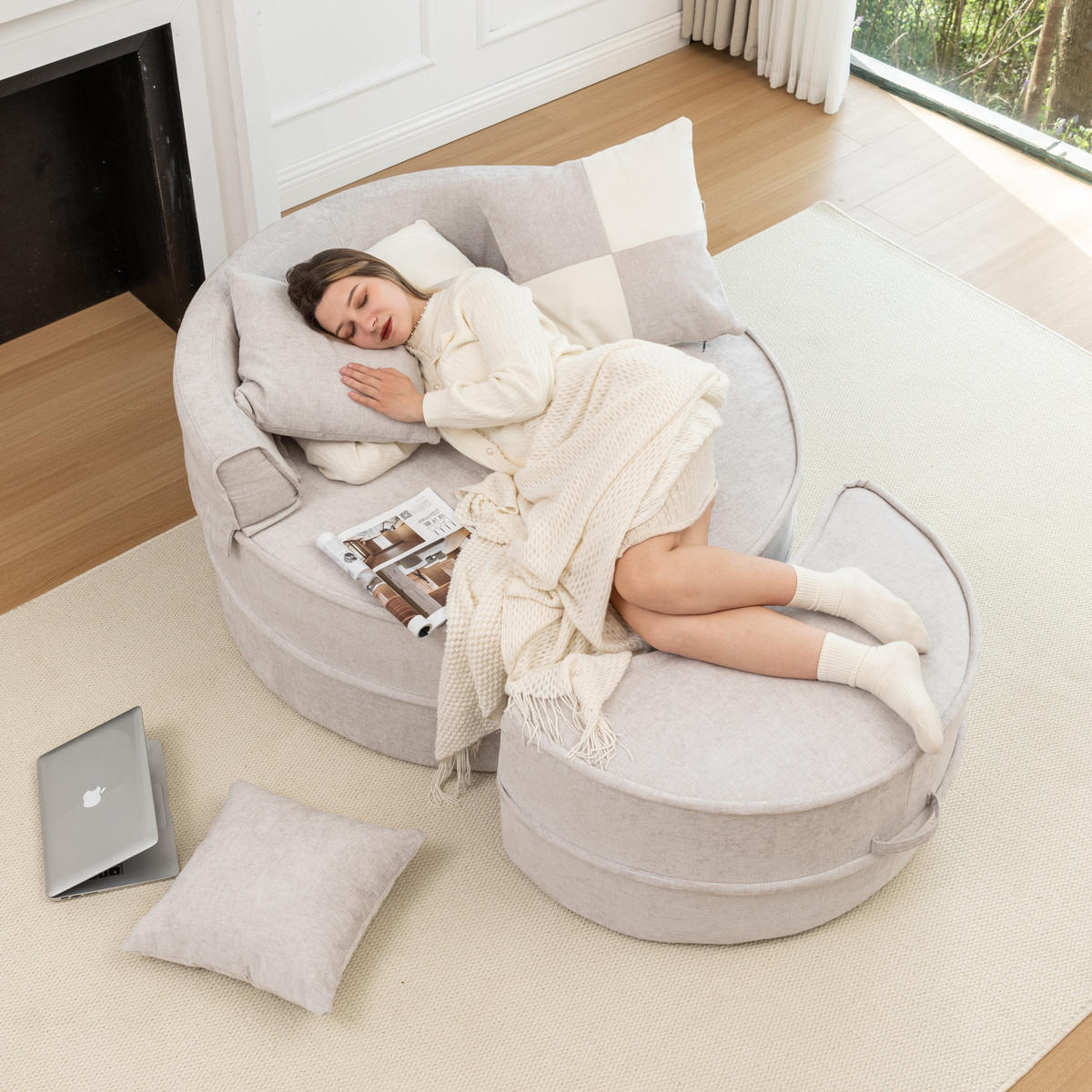 SOFA Chenille Grau mit Kissen und Ottomane - Grau, Textil (163/66/121cm) - WISHDOR