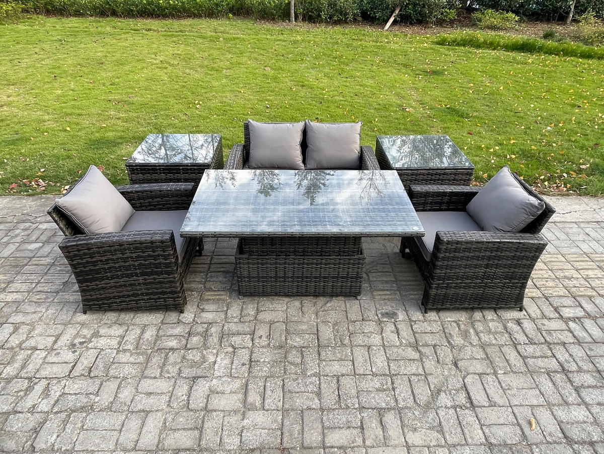 GARTENMÖBEL-SET ESSGRUPPE LOUNGE Esstisch MIT SOFA 2 BEISTELLTISCHE Polyrattan Dunkelgrau Gemischt - Dunkelgrau, Metall - Fimous