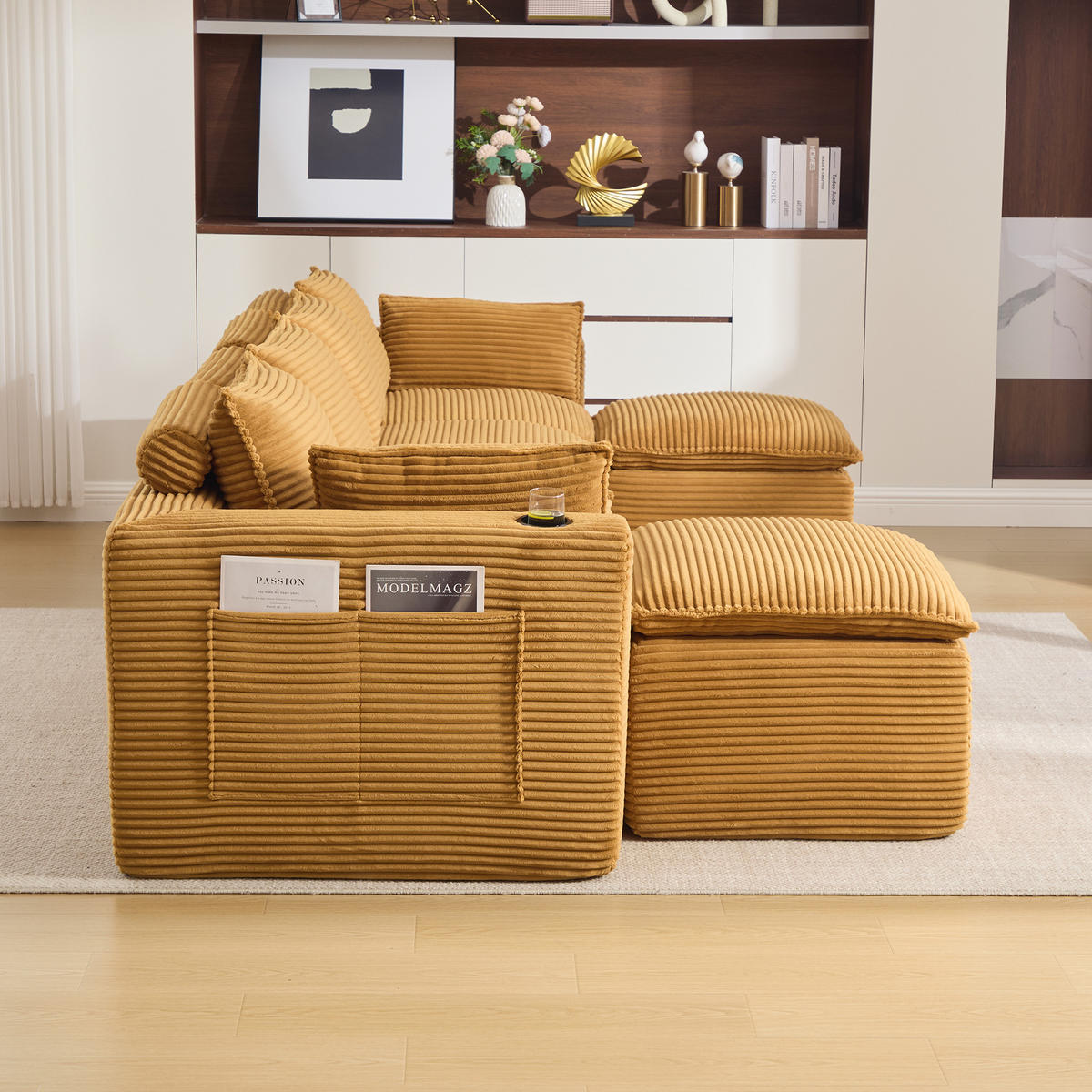 WOHNLANDSCHAFT mit Cordbezug, 2 Fußhockern, Getränkehalter und Seitentaschen in Orange - Orange, Textil (322/75/161cm) - EVRYAE