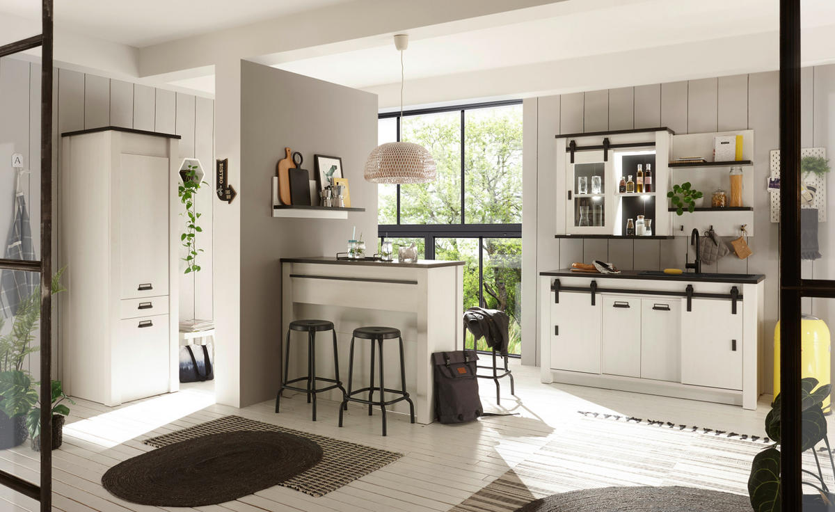 KÜCHENSCHRANK weiß Pinie, anthrazit Landhaus 161 cm, Küche Unterschrank für Spüle oder Kochfeld - Anthrazit/Schwarz, Holzwerkstoff/Metall (161/93/64cm) - Furn.Design