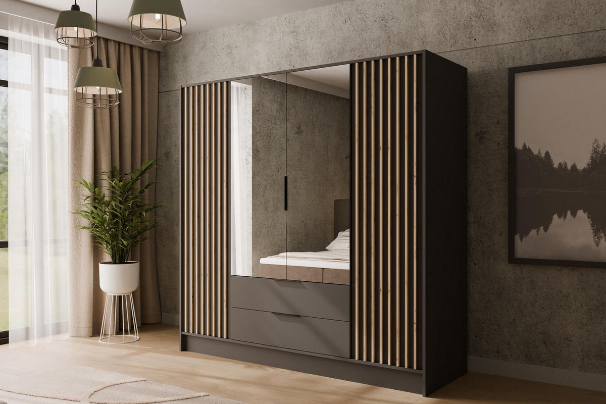 KLEIDERSCHRANK NELIA - 200 cm - Graphitfarben/Eiche Artisan, Holzwerkstoff (200/200/51cm) - ALTDECOR