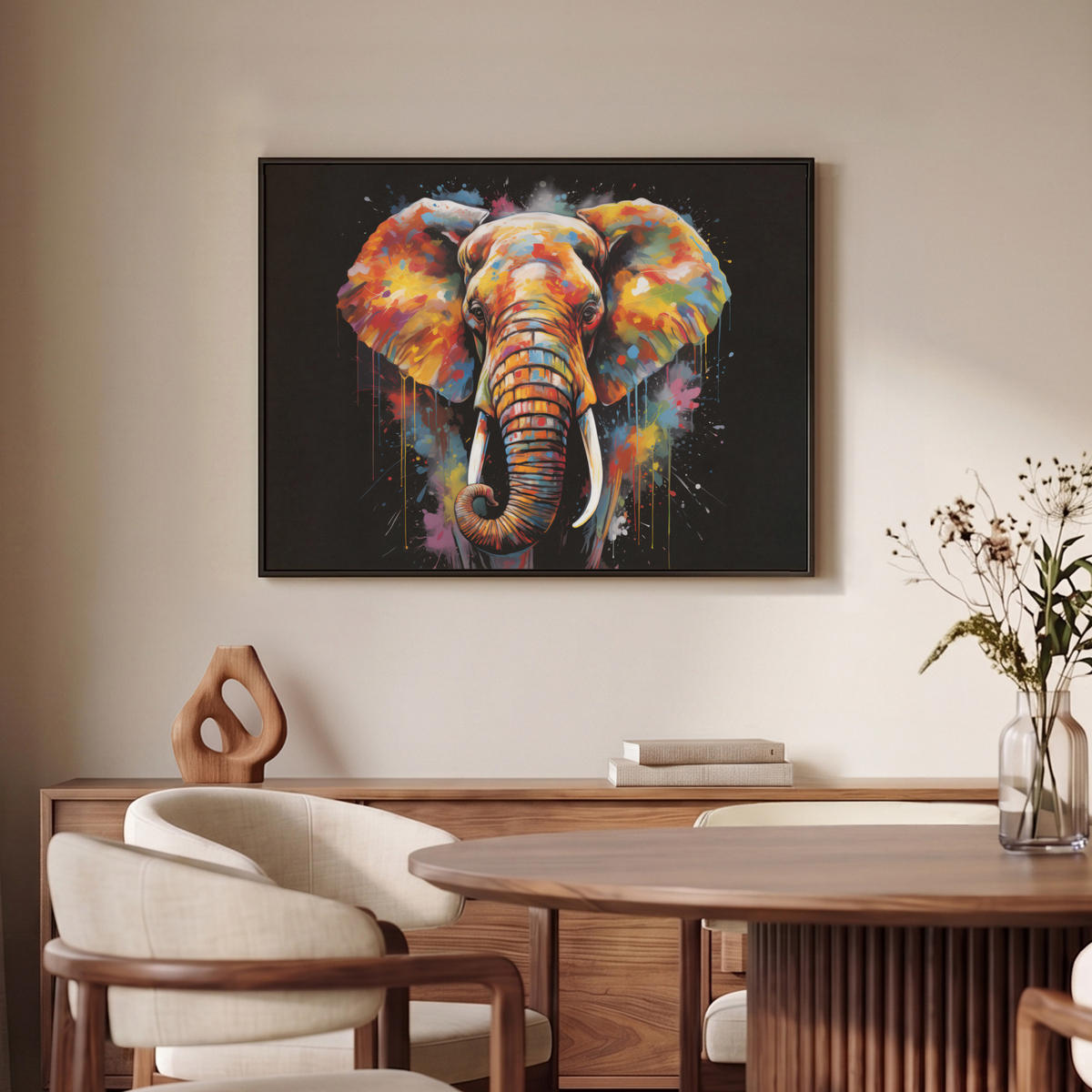 LEINWAND Bilder mit Rahmen - Elefant - Graffiti - Schwarz - Tiere - Farben - 80x60 - Schwarz, Textil (80/60cm) - MuchoWow