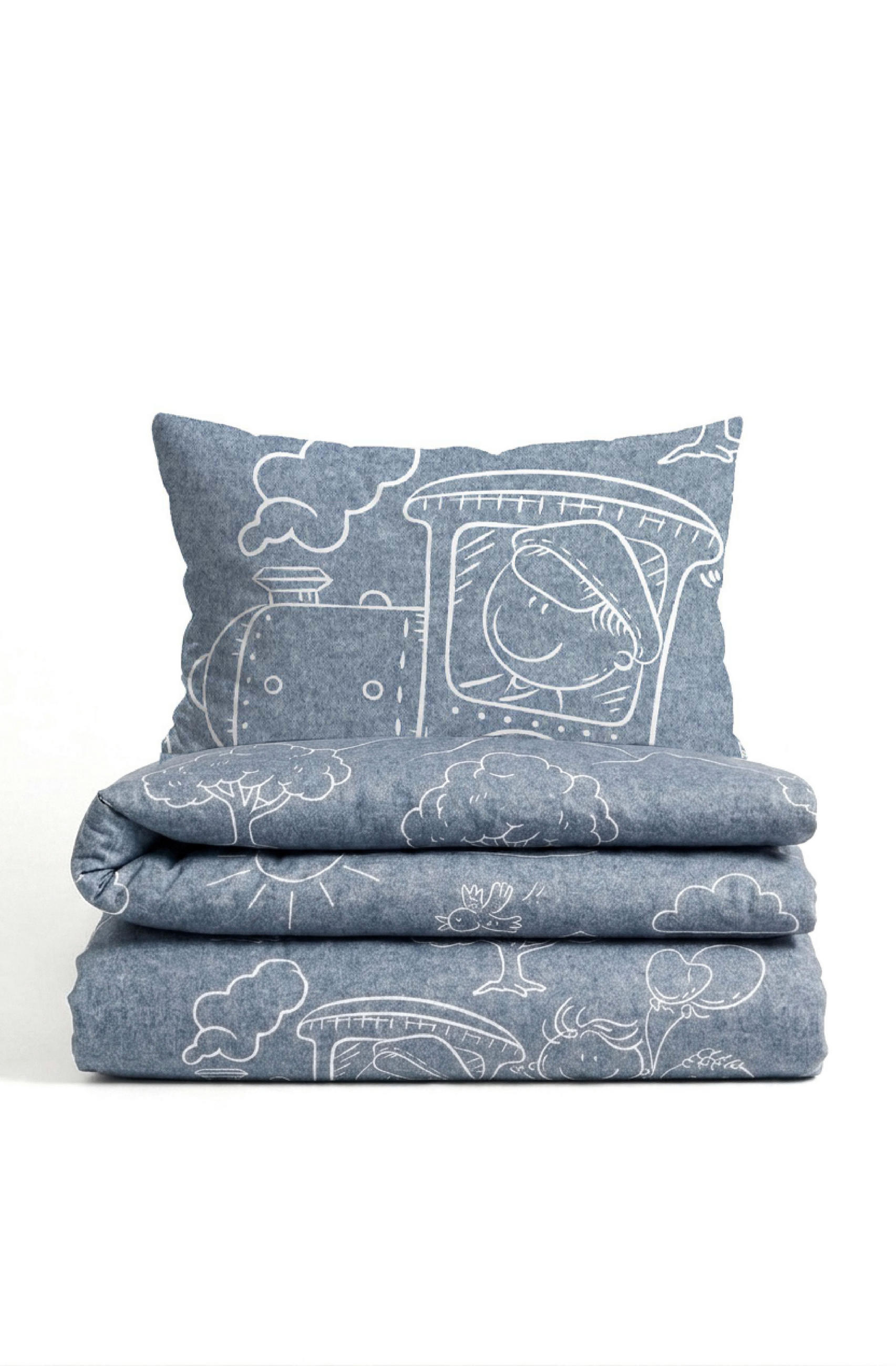 BETTWÄSCHE-GARNITUR Premium Melange Lokomotive blau, 100x135 cm + 40x60 cm - Blau, Textil (100/135cm) - biberna