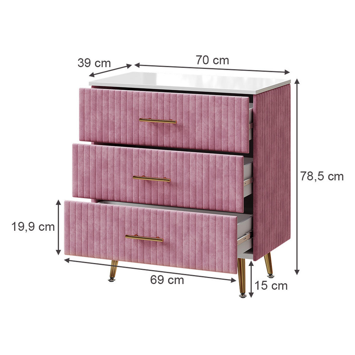 KOMMODE Velia Rosa 70 x 78.5 cm mit 3 Schubladen - Pink, Holzwerkstoff (70/78.5/39cm) - Vicco