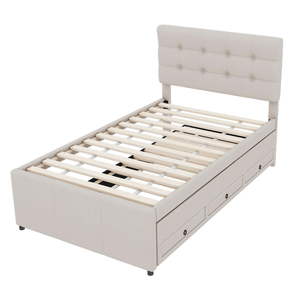 POLSTERBETT 90/200 cm mit ausziehbarem Rollbett, 3 Schubladen und verstellbarem Kopfteil, Beige - Beige, Textil (90/200cm) - Redom