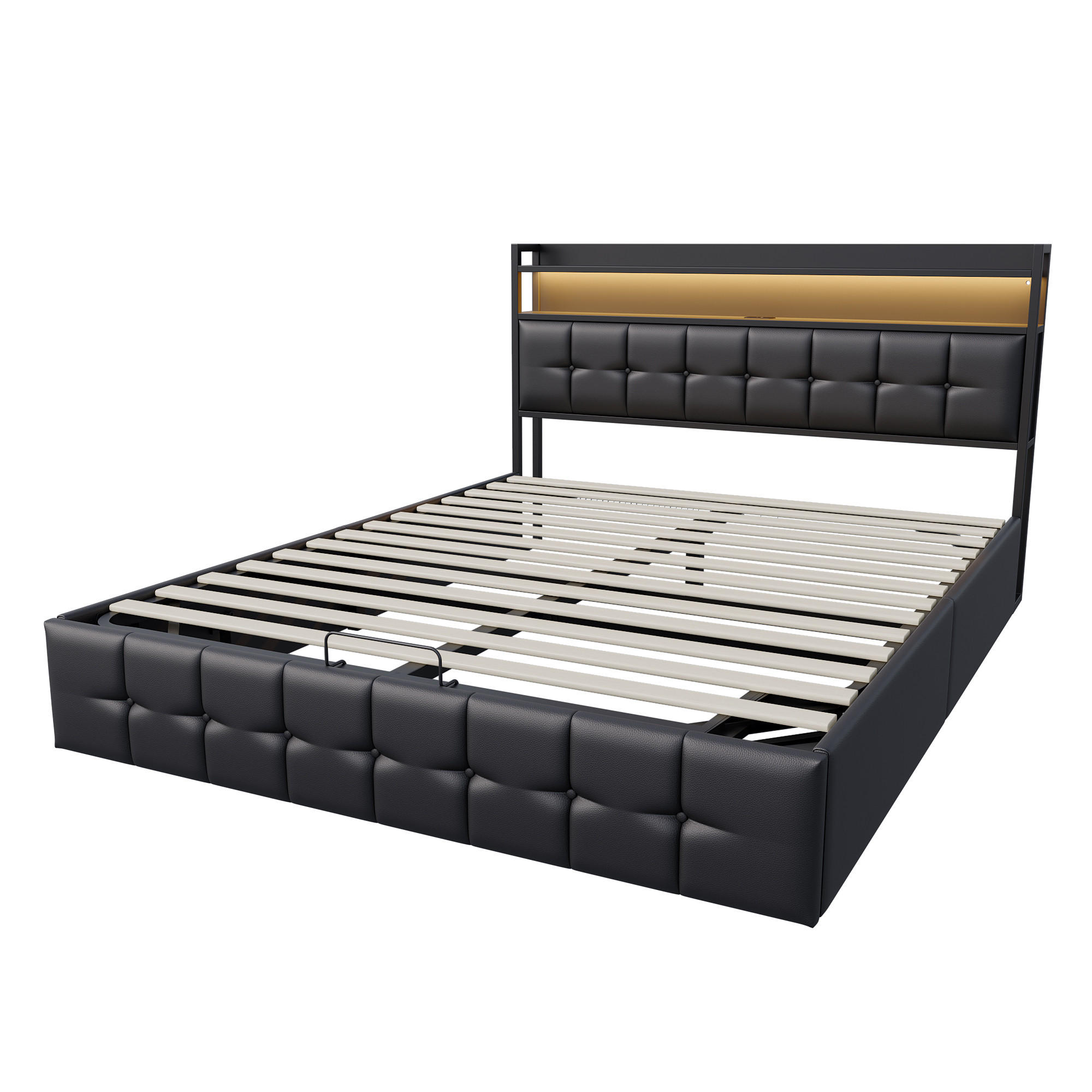 POLSTERBETT 160x200 cm mit LED, USB, Lattenrost, schwarz - Schwarz, Metall (160/200cm)