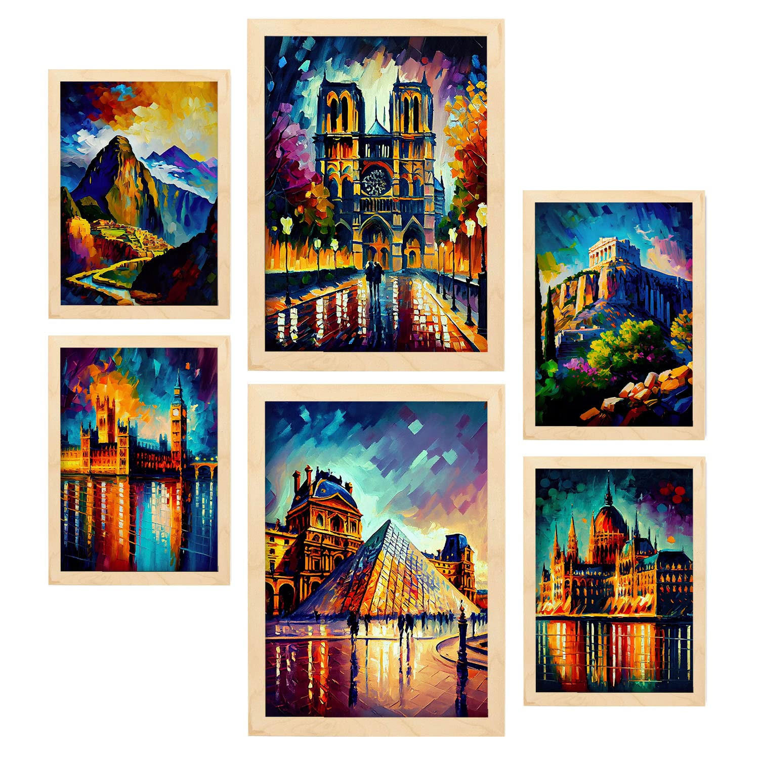 POSTER Set Mit 6 Linear Im Ölgemälde Stil A3 & A4 Rahmen Aus Hellem Holz - Beige, Papier (29/3cm) - Nacnic
