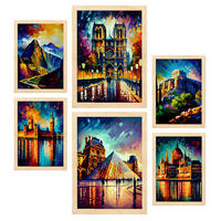 POSTER Set Mit 6 Linear Im Ölgemälde Stil A3 & A4 Rahmen Aus Hellem Holz - Beige, Papier (29/3cm) - Nacnic