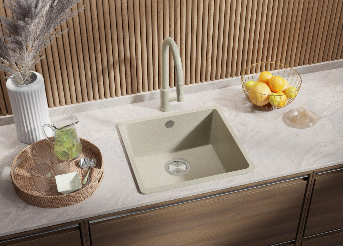 SPÜLBECKEN Venedig Slim Easy, 2-er set Beige 46/44 cm 1 Becken + Ablauf-Set ab 50er Unterschrank - Chromfarben/Beige, Kunststoff (46/20/44cm) - Primagran