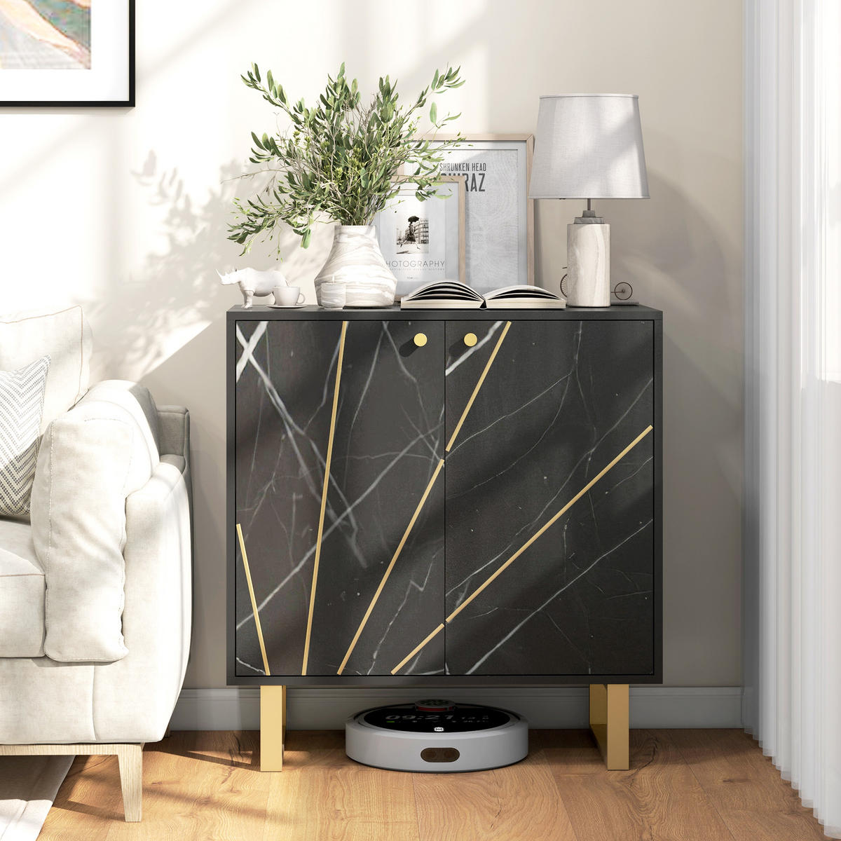 SIDEBOARD Schwarz Marmor-Optik, 2 Türen, 76/35/77 cm - Schwarz, Holz (76/77/35cm) - PANGIVO