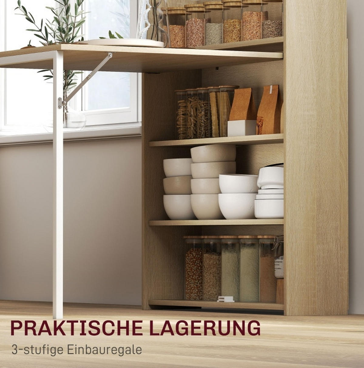 ESSTISCH 78,5/91/93 cm eiche klappbar mit 3 Regalen aus Holz und Stahl - Eichefarben, Holz (91/78.5/93cm) - OKWISH