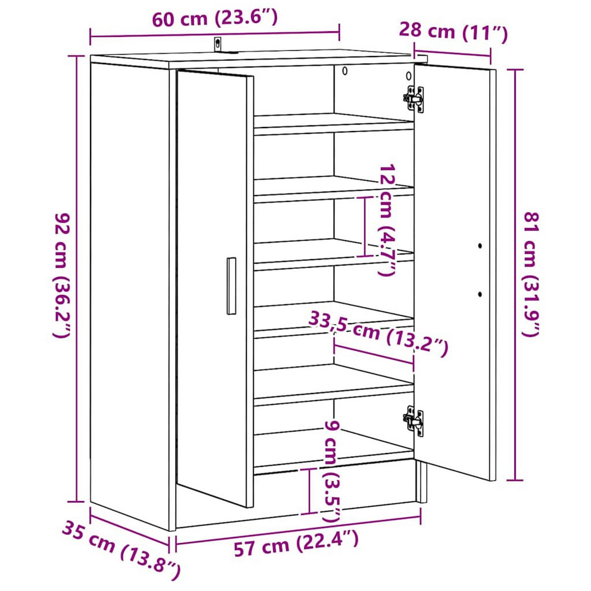 SCHUHSCHRANK Weiss 60/35/92 Cm Holzwerkstoff - Weiß, Holzwerkstoff (35/92/60cm) - vidaXL