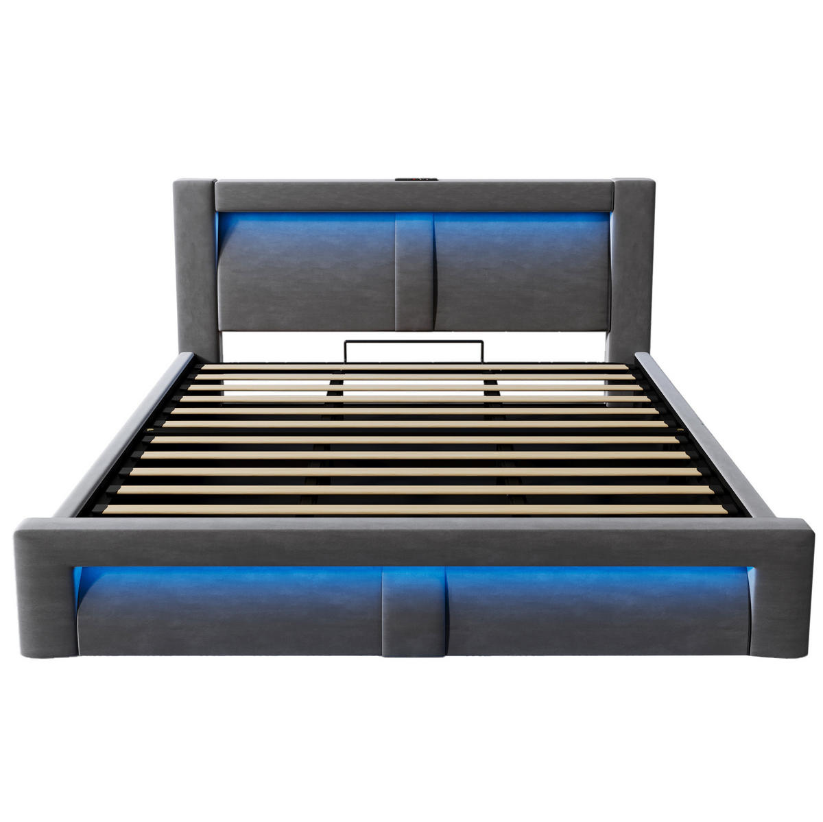 ČALOUNĚNÁ postel 217/183/107 cm šedá, samet, s úložným prostorem a LED osvětlením - šedá, textil (180/200cm) - BEAOK