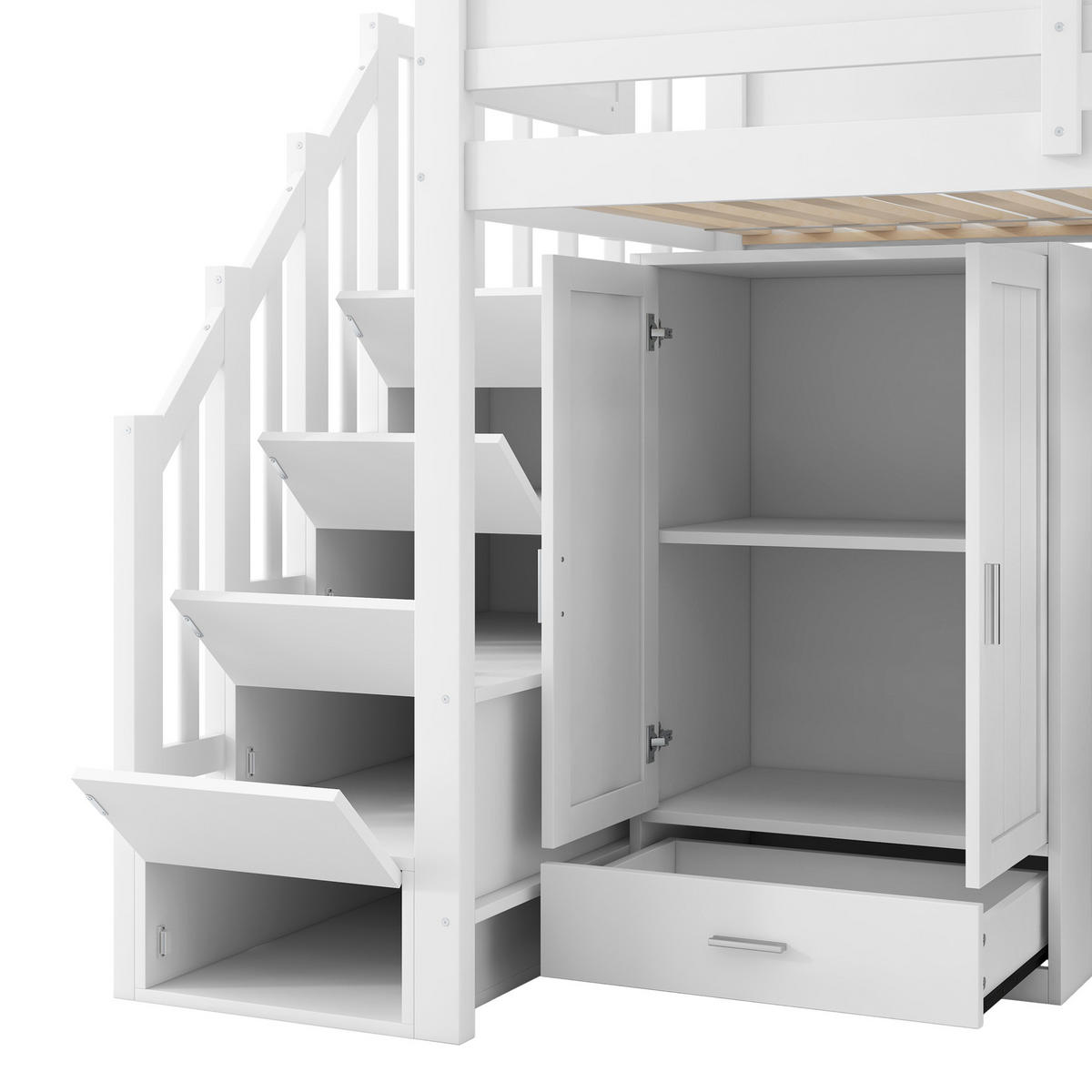 HOCHBETT 90/200 cm, weiß mit Schreibtisch, Regal, Kleiderschrank und LED - Weiß, Holz (90/200cm) - MIVRAY