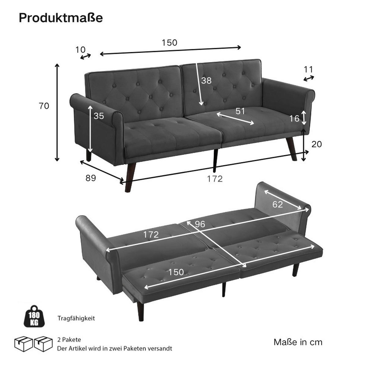 SCHLAFSOFA aus Samt in Grau mit verstellbaren Rückenlehnen - Grau, Textil (172/70/89cm) - Modfu