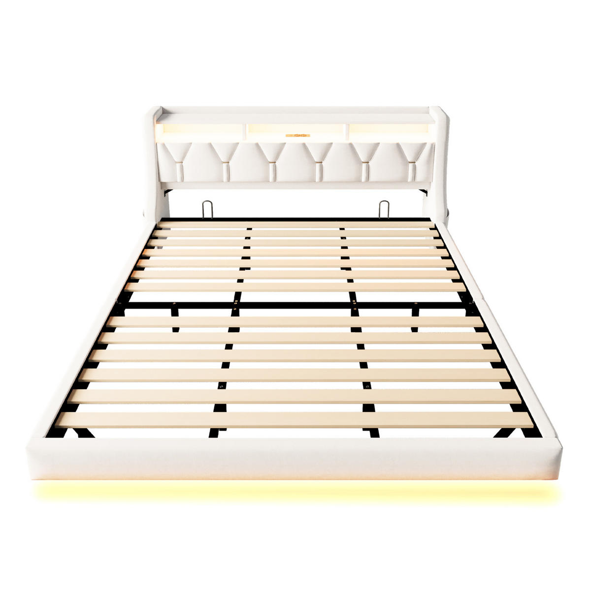 POLSTERBETT 180/200 cm mit klappbarem Kopfteil, LED, USB- und Typ-C-Anschluss, Stauraum, Samt, Beige - Beige, Textil (180/200cm) - Redom