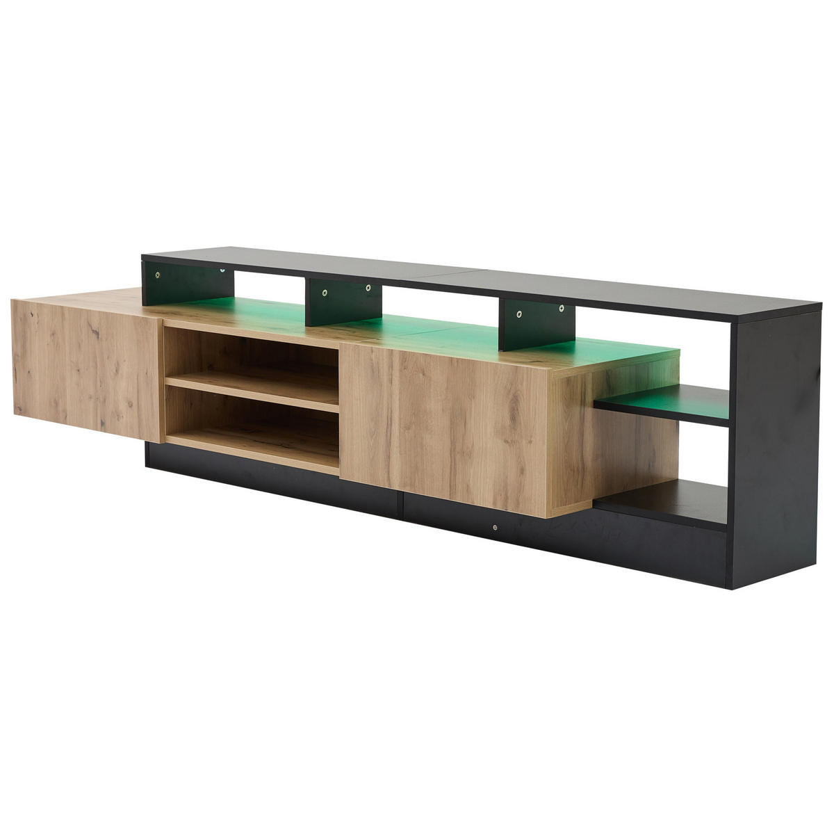 TV-SCHRANK aus Spanplatte 190x40x48,5 cm Eichefarben/Schwarz mit LED-Beleuchtung, viel Stauraum und Klapptüren - Schwarz, Holzwerkstoff (190/48.5/40cm) - Modfu