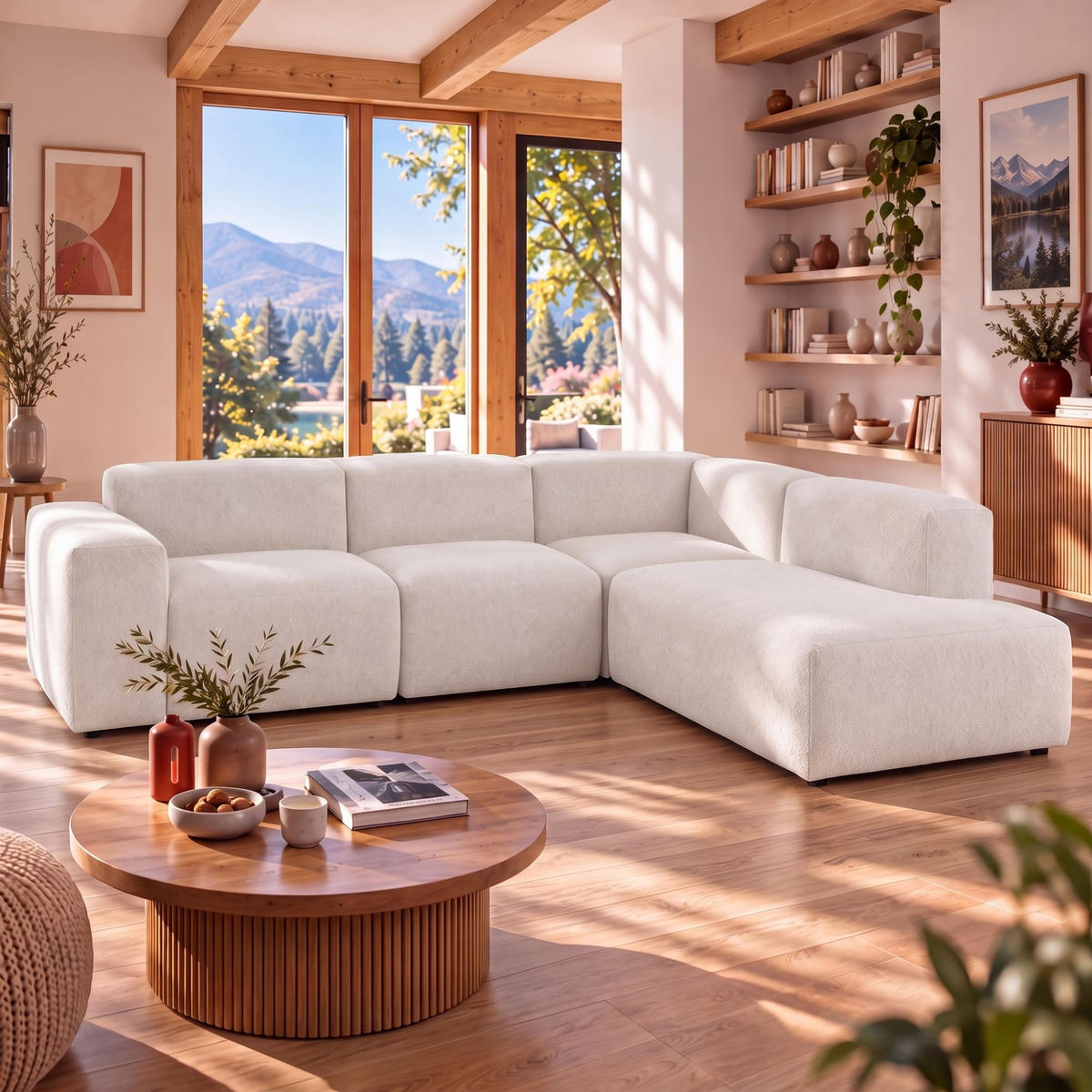 4-SITZER modulares Ecksofa HEAVEN SET 2 Rechts, Breite 300 cm Webstoff Weiß - Schwarz/Weiß, Holz/Kunststoff (245/300cm) - Muffo