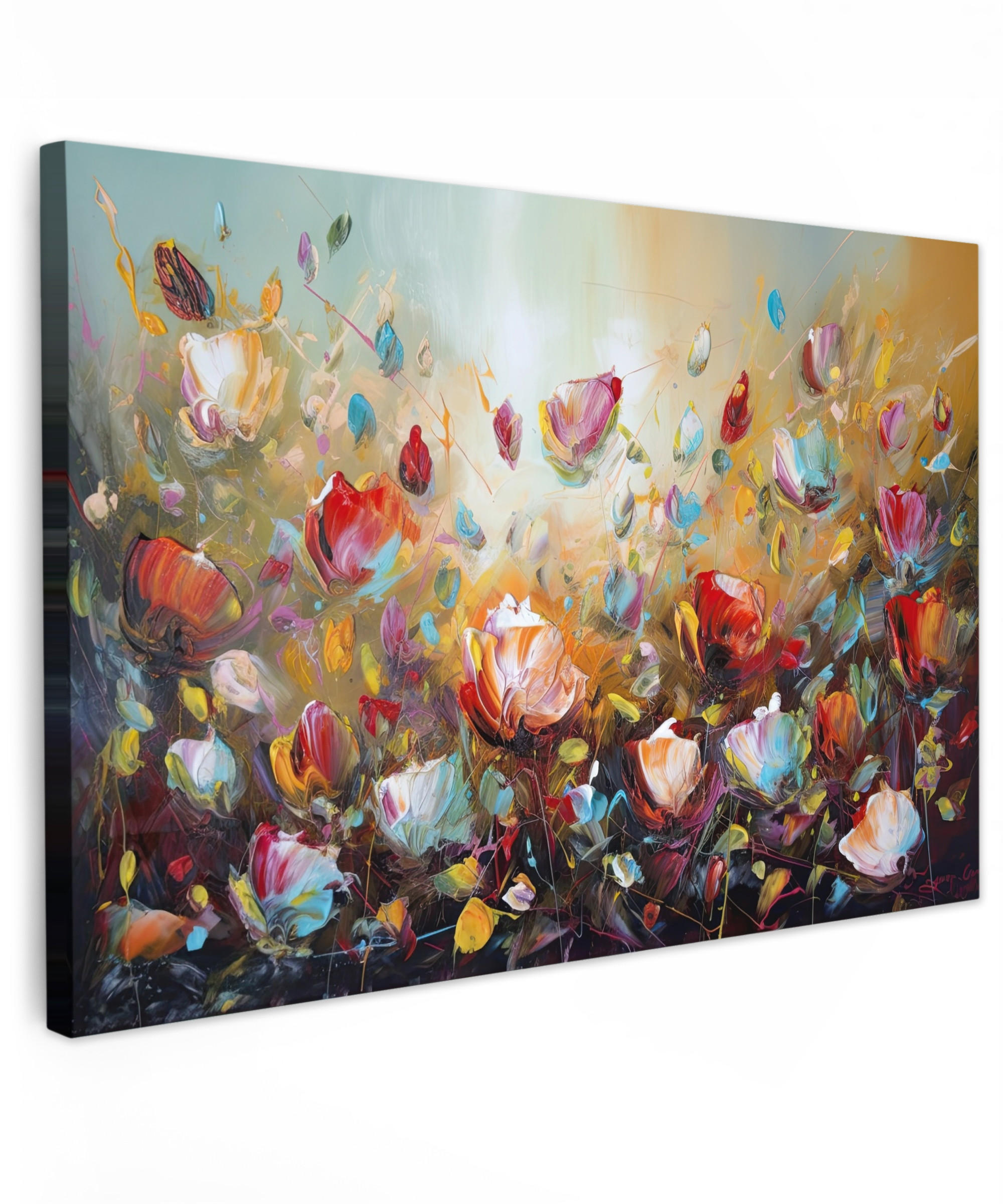 LEINWANDBILD Blumen - Kunst - Natur - Ölgemälde Wohnzimmer 120x80 cm - Multicolor, Textil (120/80cm) - MuchoWow