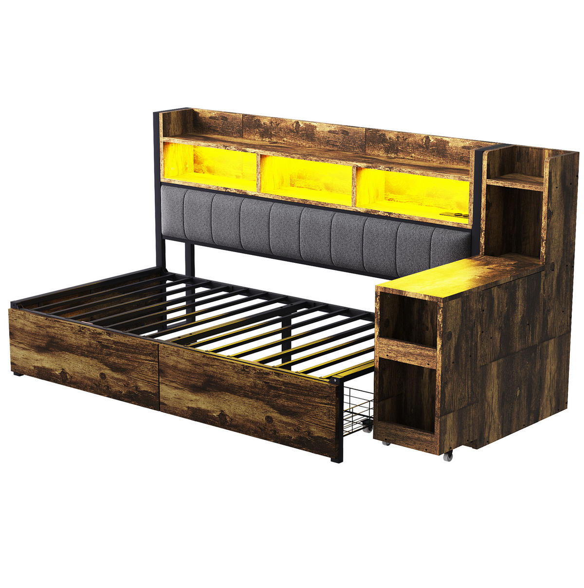 BETT 90/200 cm aus Metall mit Schreibtisch, Stauraum und Steckdosen, farbe - Naturfarben, Metall (90/200cm) - Redom