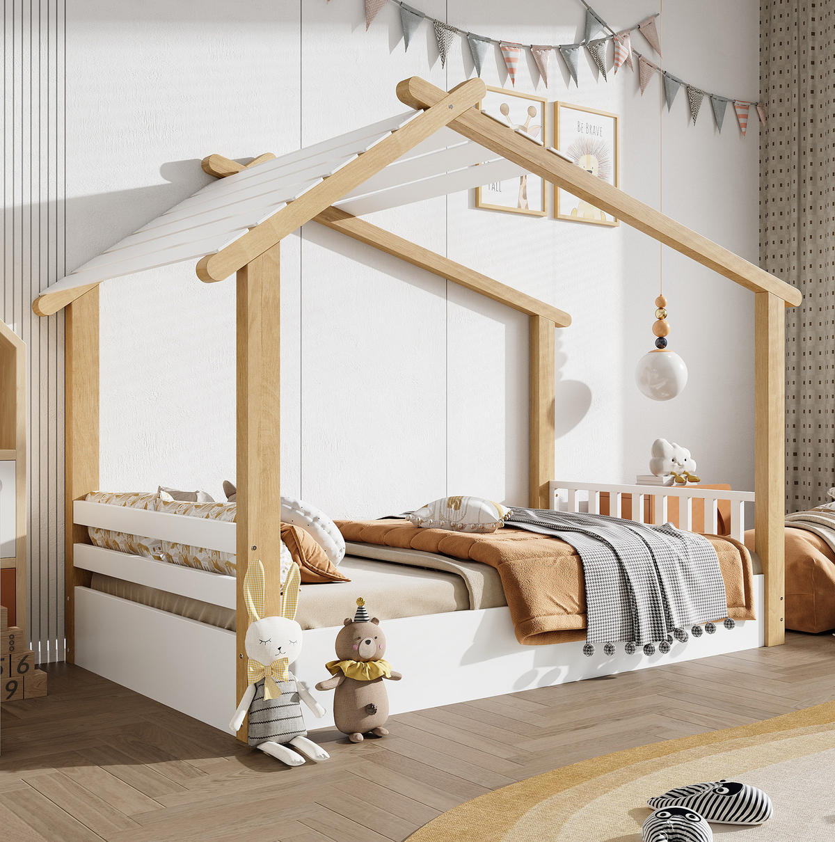 KINDERBETT aus Kiefer, Spanplatte und MDF 90x190 cm Weiß/Natur mit Hausdesign - Weiß, Holzwerkstoff (90/200cm) - IVMEU