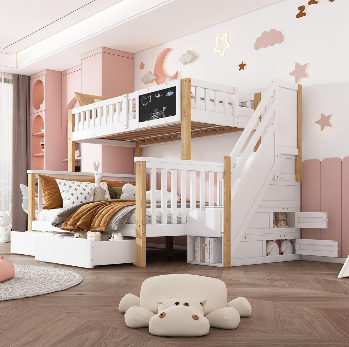 ETAGENBETT 90/200 &140/200 cm mit Tafel, Treppe und Schubladen, viel Stauraum, Weiß/Helle Eiche - Weiß, Holz (90/200cm) - Redom