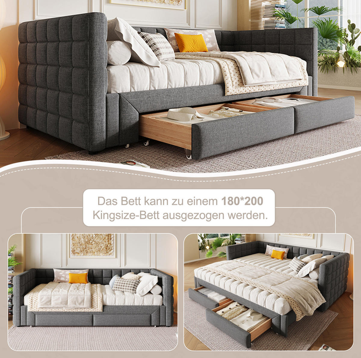 BETT mit Kopfteil 90/200 cm, ausziehbar auf 180 cm, mit 2 Schubladen, grau - Grau, Textil (90/200cm) - BEAOK