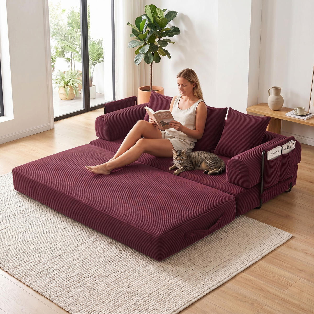 SCHLAFSOFA, Modulares Tagesbett mit Metallgestell, Klappbares Bodensofa Cordstoff, Weinrot - Weinrot, Textil (94/67/200cm) - LVHOM