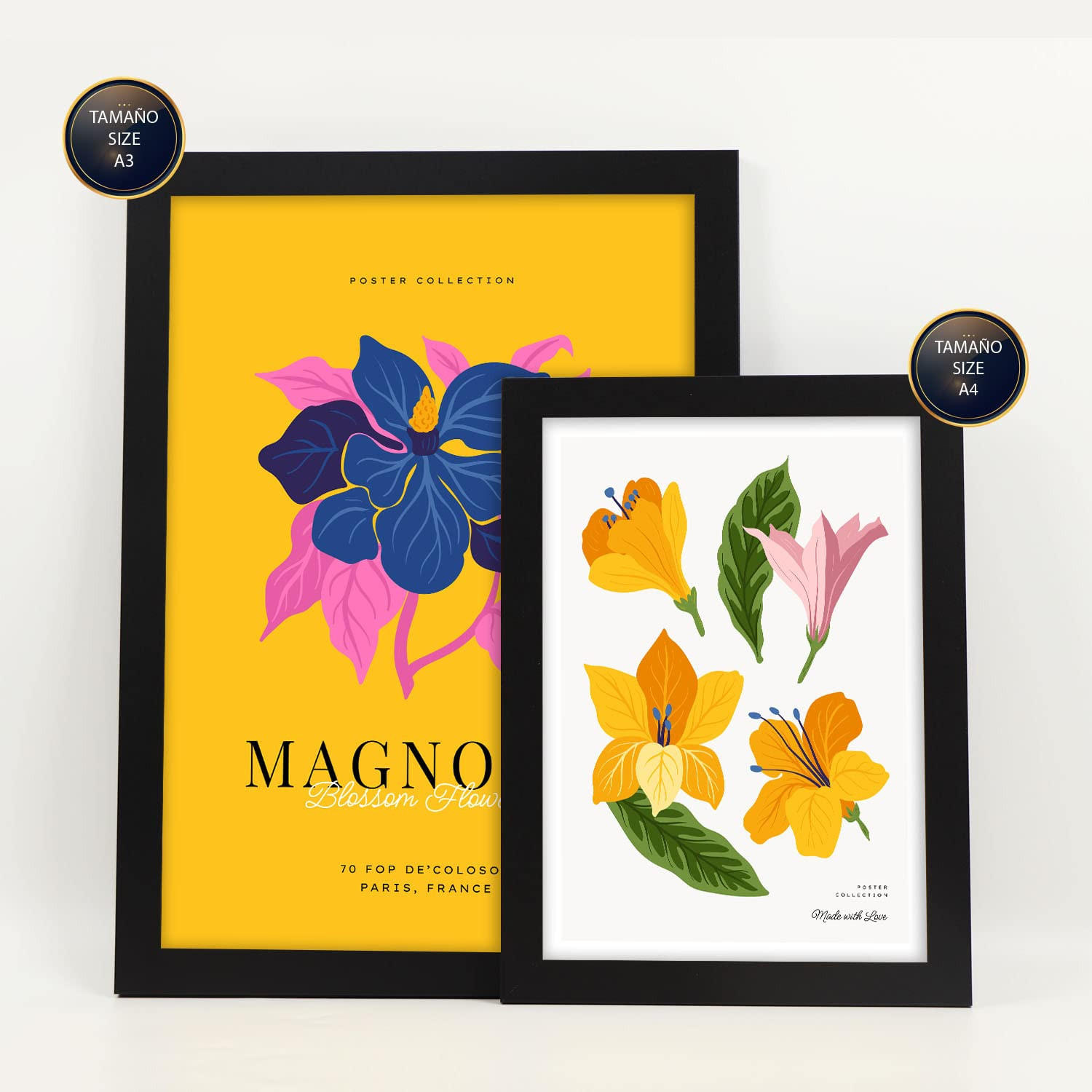 POSTER Set Mit 6 Blumen Magnolienblätter Natur Und Botanikdrucke Für Innenarchitektur A3 & A4 Schwarzer Rahmen - Schwarz, Papier (29/3cm) - Nacnic
