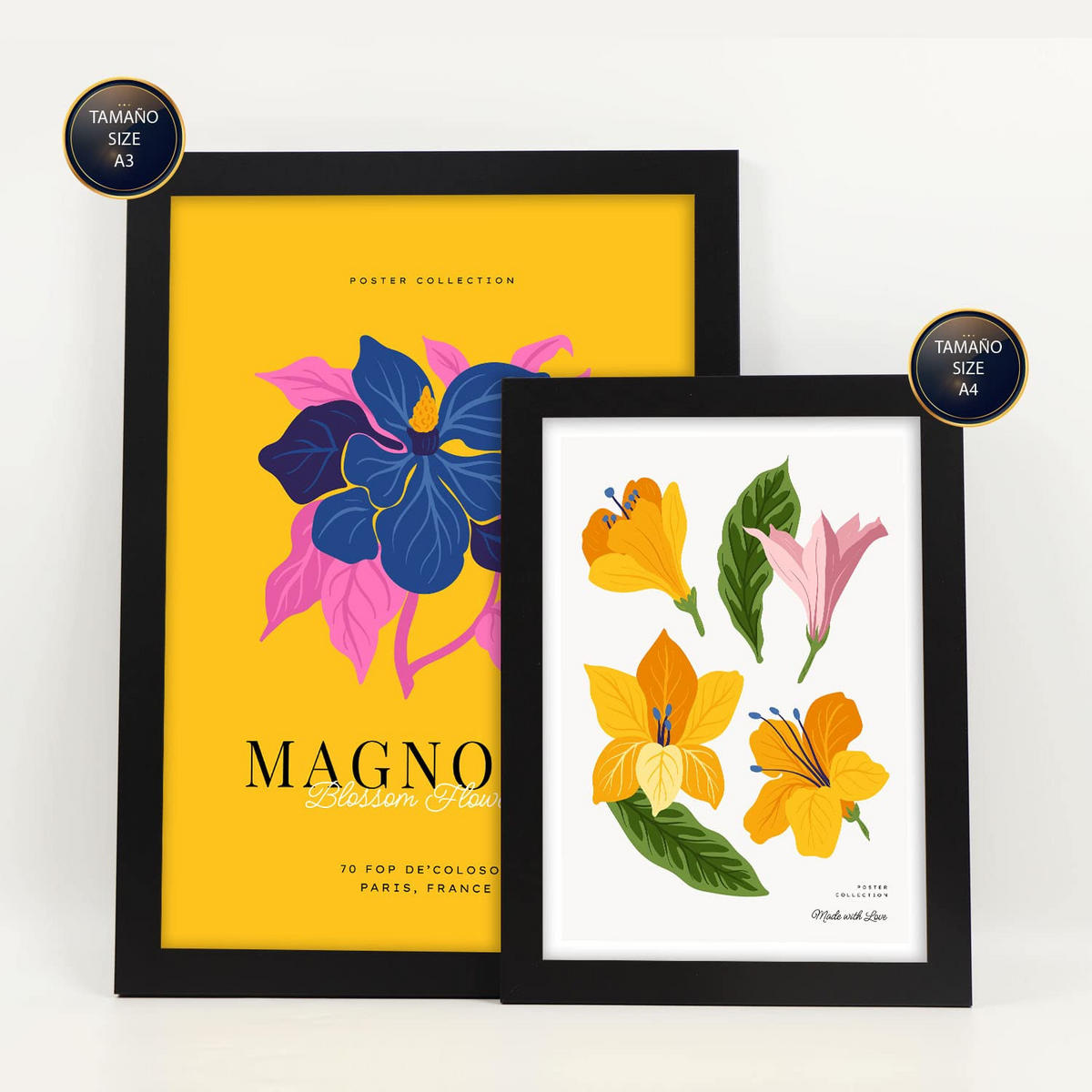 POSTER Set Mit 6 Blumen Magnolienblätter Natur Und Botanikdrucke Für Innenarchitektur A3 & A4 Schwarzer Rahmen - Schwarz, Papier (29/3cm) - Nacnic