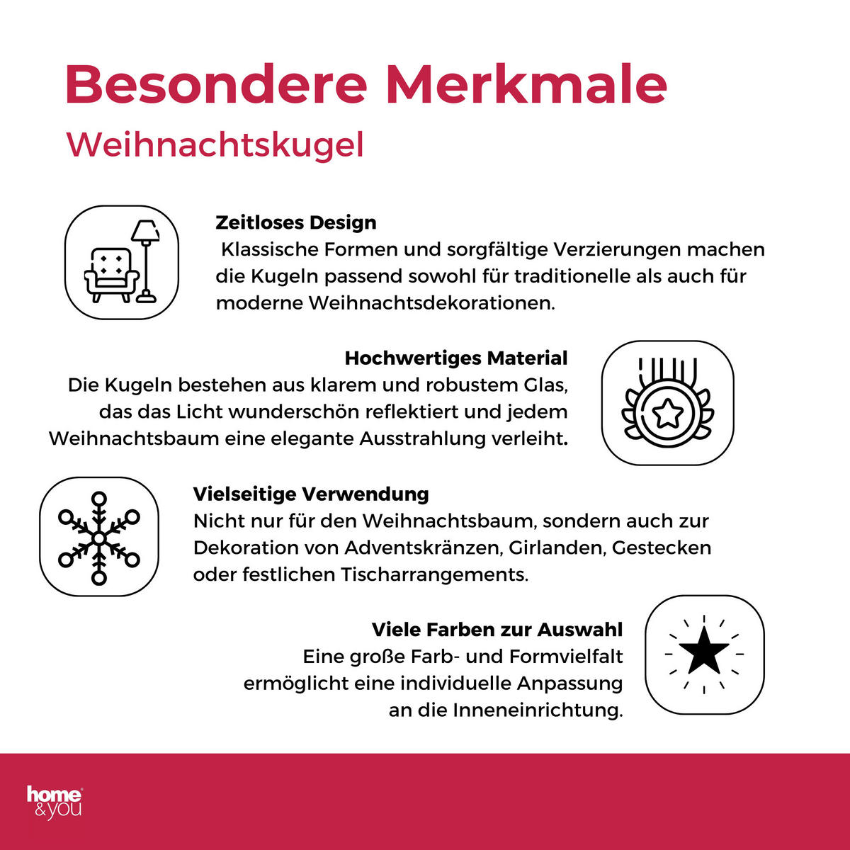 WEIHNACHTSKUGEL Glas BROUGH, Ø80 mm, Rot, Christbaumkugeln, Weihnachtsdeko Xmas, Christmas Deko - Rot, Glas (8/8/8cm) - home&you