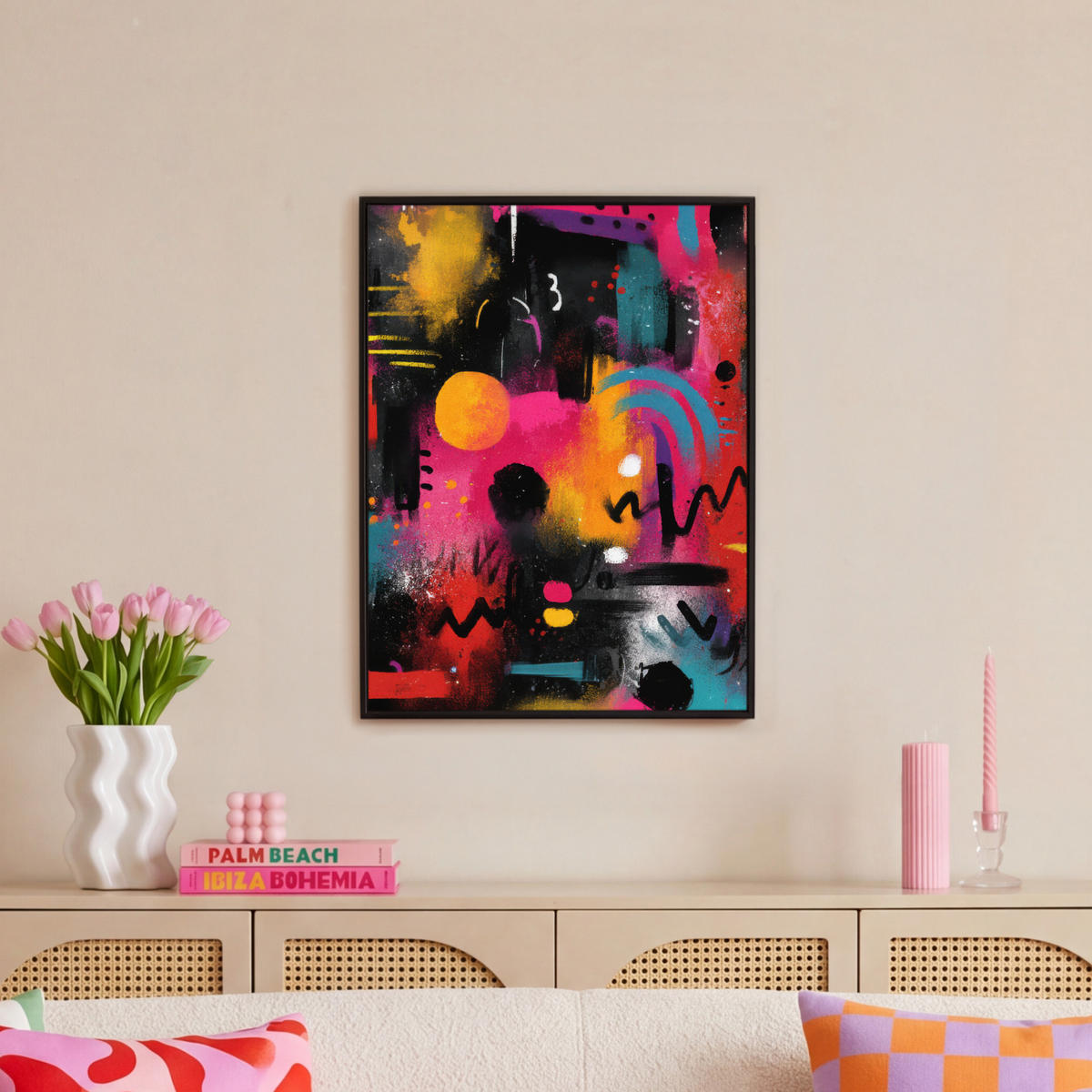 LEINWAND Bilder mit Rahmen - Farbflächen - Formen - Bunt - Abstrakt - 50x70 - Pink, Textil (50/70cm) - MuchoWow