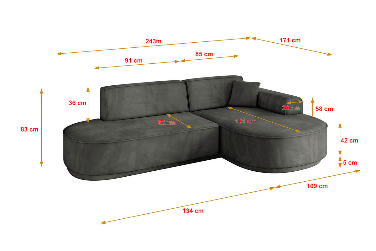 ECKSOFA Ottomane Rechts MARI-L1-v3 - 243x171x83 cm Dunkelgrau Velours - Dunkelgrau/Schwarz, Holzwerkstoff/Kunststoff (171/243cm) - ALTDECOR